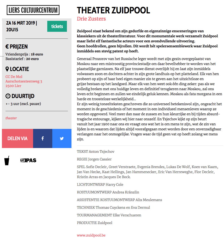 Page Internet. Liers Cultuurcentrum. Theater Zuidpool. Drie zusters. 2019-03-16